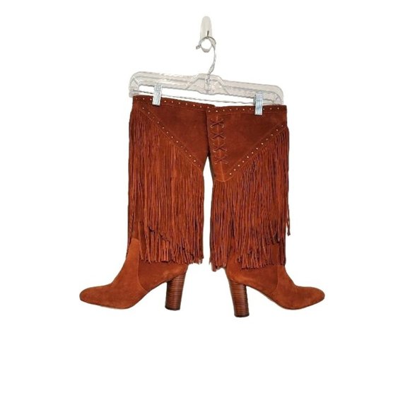 INC International Concept Shoes - INC Tolla Fringe Copper Suede Tall Boots Party Bohemian Rocker - Sz 8.5
